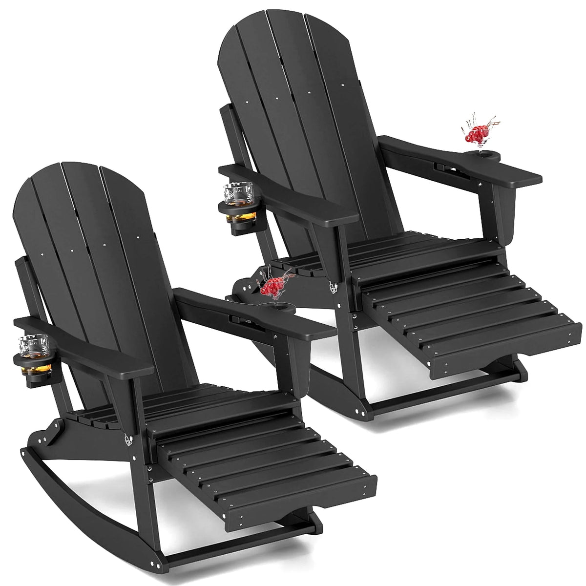 FOOWIN HDPE Plastic Rocking Adirondack Chair Set of 2, Folding Rocking Chairs for Patio Porch Rocker Chair, Black