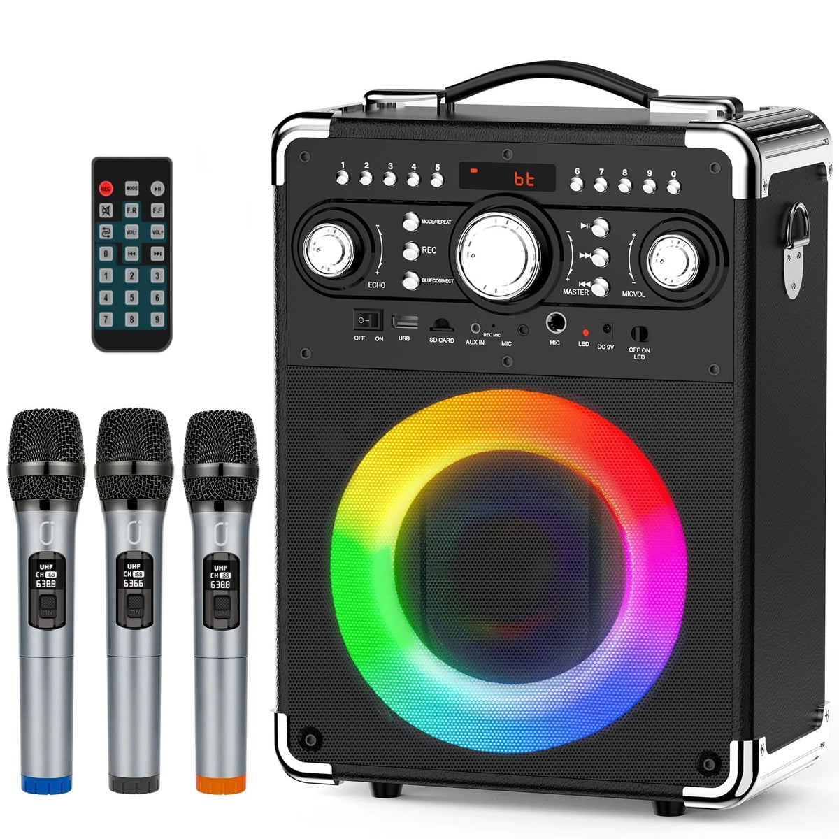 FanFun Karaoke Machine with 3 Wireless Karaoke Microphones, Bluetooth Speaker with DJ Light, Karaoke Speaker with Remote Control, Home Singing Karaoke System for Party, Powerful Stereo Deep Bas