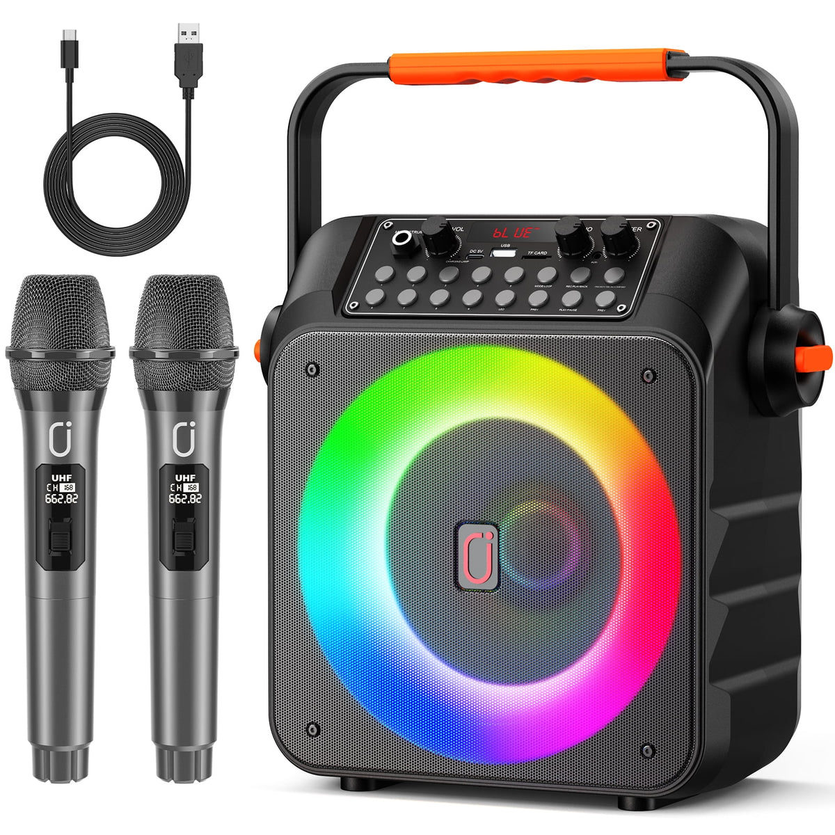 FanFun Karaoke Machine with 2 Wireless Microphones, Portable Blurtooth PA System Karaoke Machine with LED Lights for Adults Kids