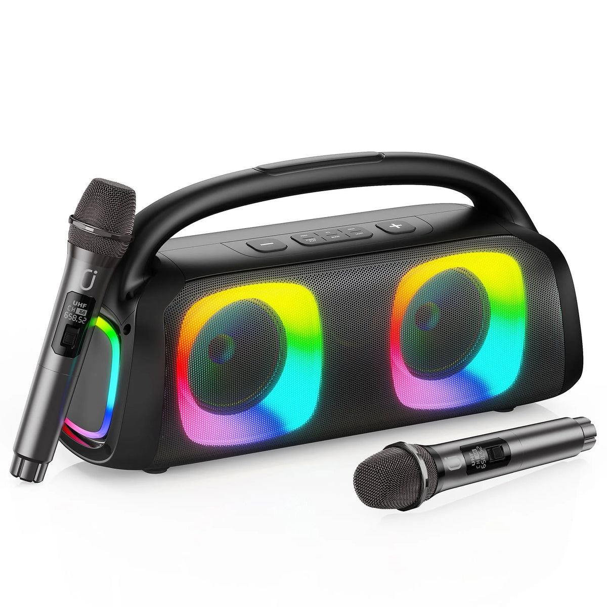 FanFun Portable Bluetooth Speaker, 60W Powerful Speaker with 2 Wireless Microphones with RGB Lights, Perfect for Adults & Kids, Home & Outdoor Party