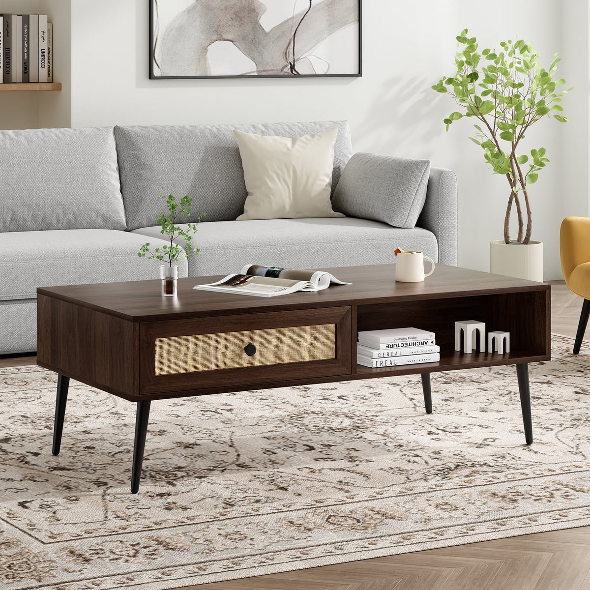 Farini 47" Modern Coffee Table, Rectangle Living Room Table with Drawer & Open Shelf for Living Room, Office, Walnut