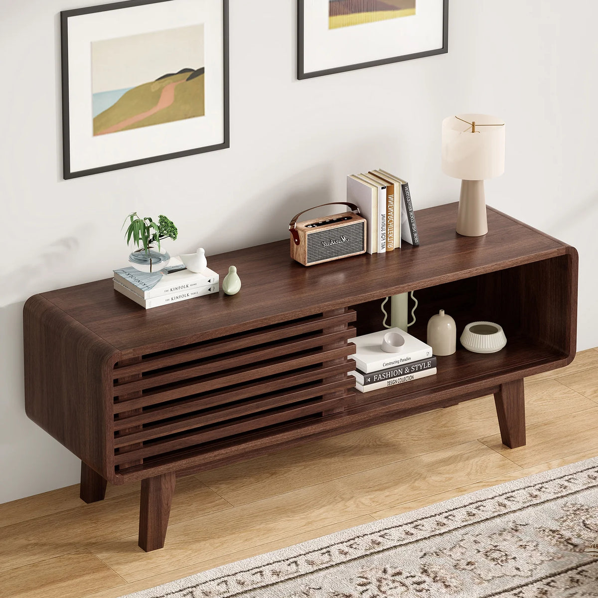 Farini TV Stand for TV up to 59", Entertainment Center with Storage and Sliding Door, Walnut