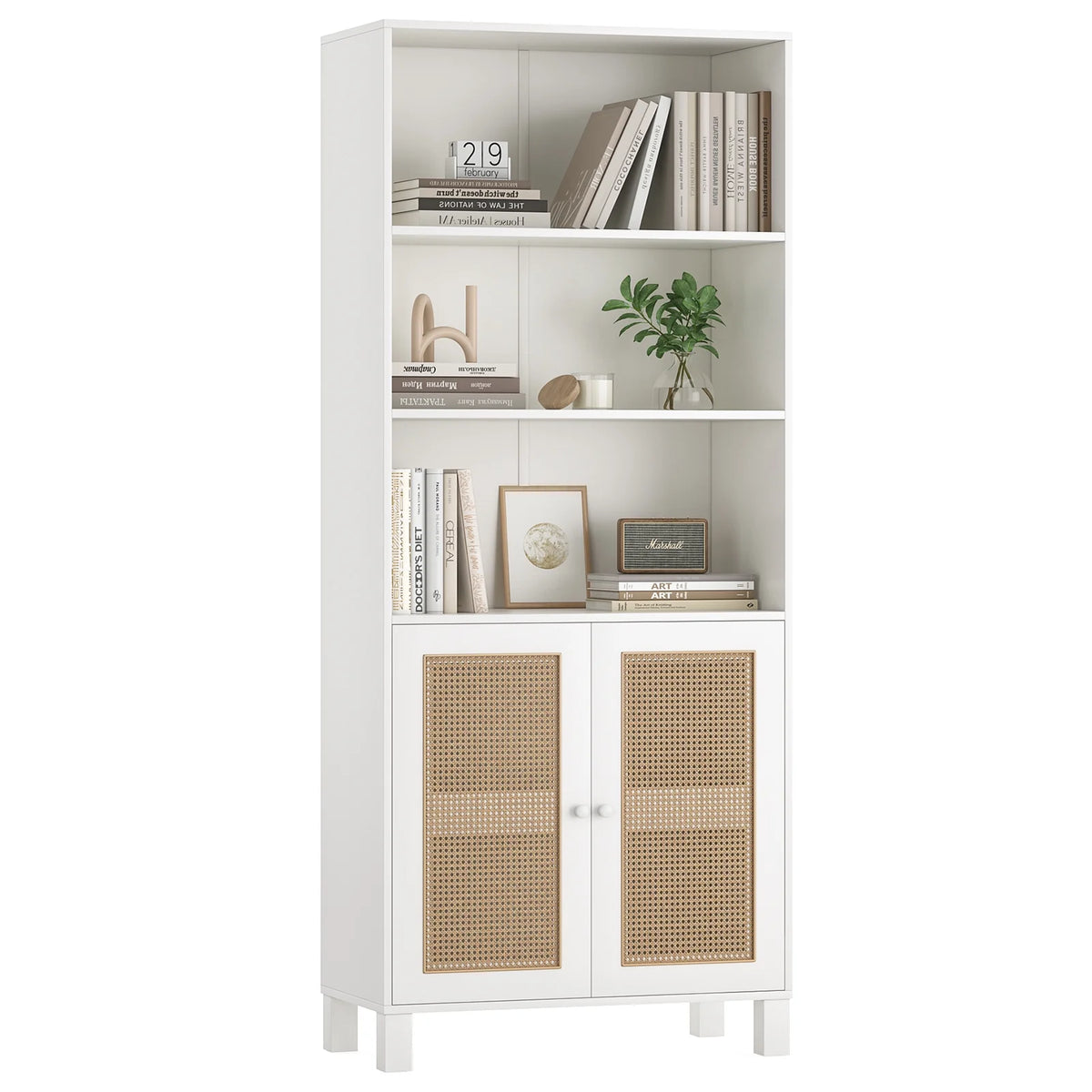 Farini Tall 5 Tier Bookcase, Storage Shelf with Rattan Doors for Living Room, Office, Library, White