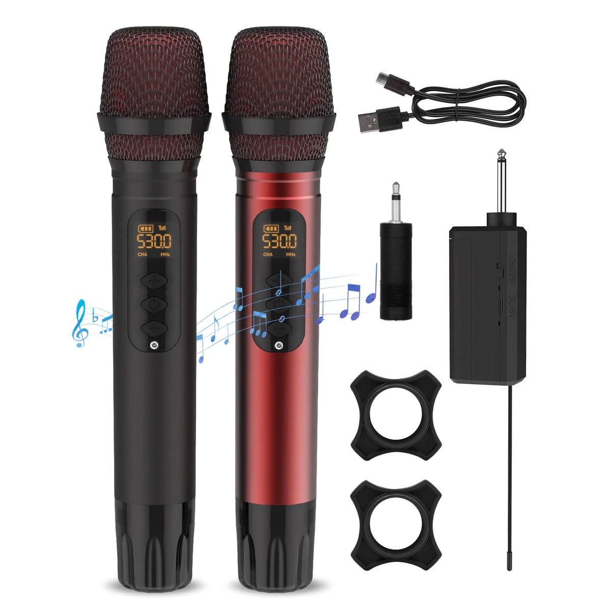 Fixdono Wireless Microphones, Rechargeable Karaoke Microphone Metal Dual Handheld Cordless Dynamic Mic System with Receiver for Singing, Speech, Wedding, Church, PA System, 200ft