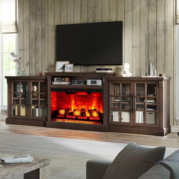AMERLIFE Fireplace TV Stand, 97", Adjustable Shelf, Large Storage, Media Console