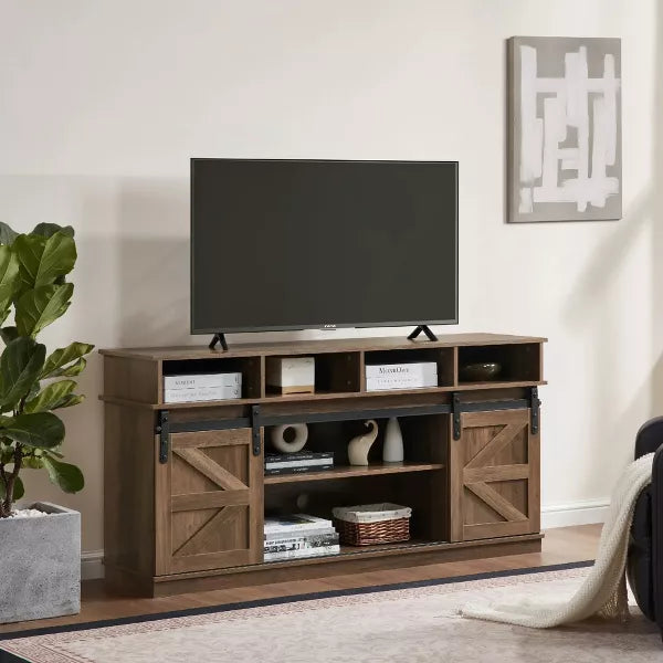Wooakway 58"L 30"H 16"D Modern & Farmhouse Double Tier TV Stand Storage Cabinet with Sliding Barn door for TVs Up to 65" Living Rooms Apartment