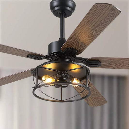 42 or 52 or 56 Inches Ceiling Fan with Light Caged Bulbs Plywood Blades for Farmhouse Bedroom Remote Control