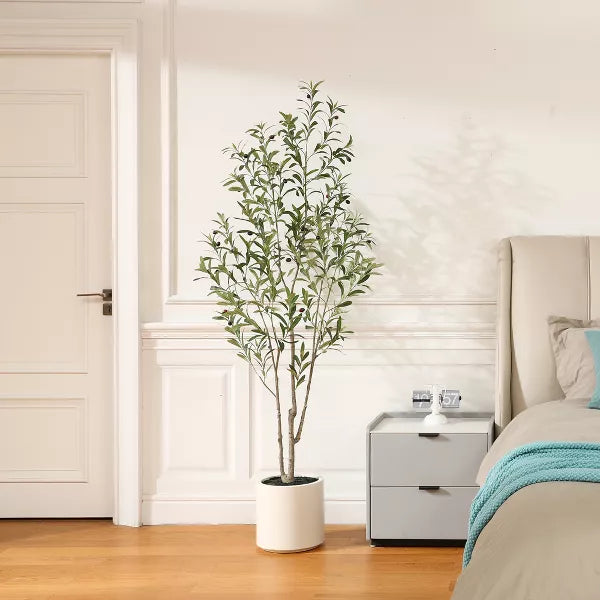 DR.Planzen Artificial Olive Trees, 5-7FT Tall Fake Olive Trees for Indoor, Large Olive Plants with White Planter for Home Decor and Housewarming Gift