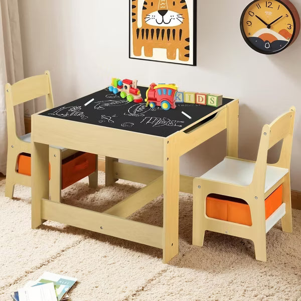 Kinder King 3-in-1 Kids Table & 2 Chairs Set with Storage, Removable Top & Blackboard, for Art, Crafts, Reading, Play