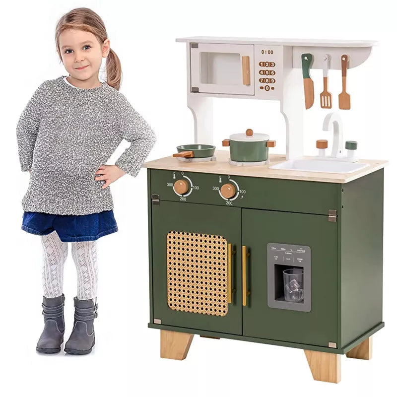 ROBOTIME Kids Kitchen Play Set with Ice Maker for Toddler, Pretend Playset Wooden Toy for Kids Age 3+, Green, 21.65"*11.65"*31.5"