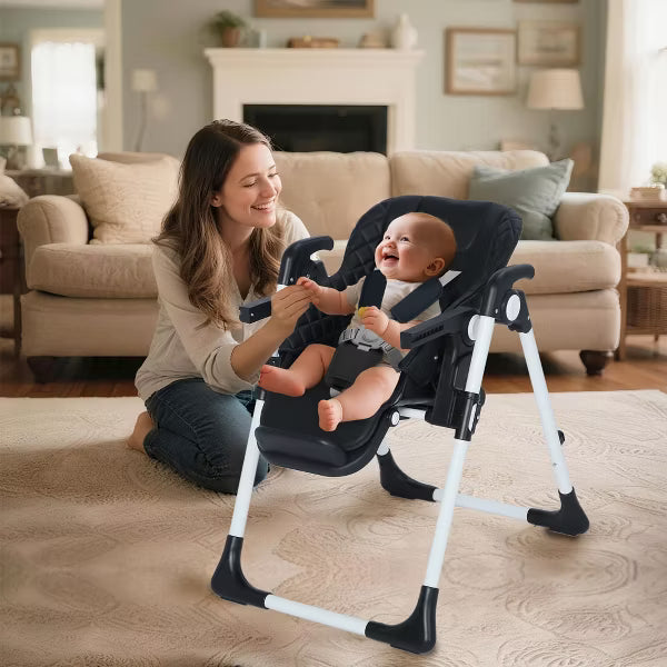 Kinder King Foldable High Chair for Babies & Toddlers, Adjustable Height, Recline, Storage Basket, Double Trays, Easy to Clean