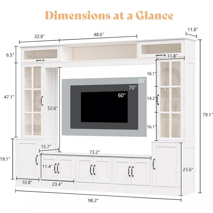 AMERLIFE 98" W Wall Unit TV Stand with Storage for TVs up to 80", White