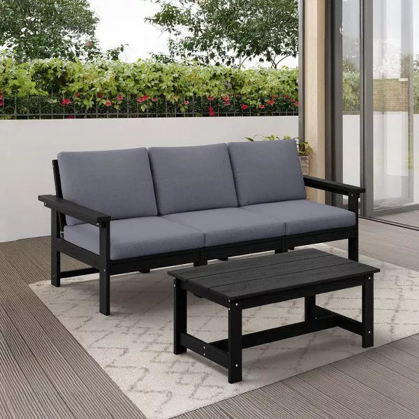 Hyleory Modern HDPE 3-Seater Sofa Set with Removable Soft Cushions and Wide Slat Coffee Table - Durable Weather-Resistant Easy-Clean Design