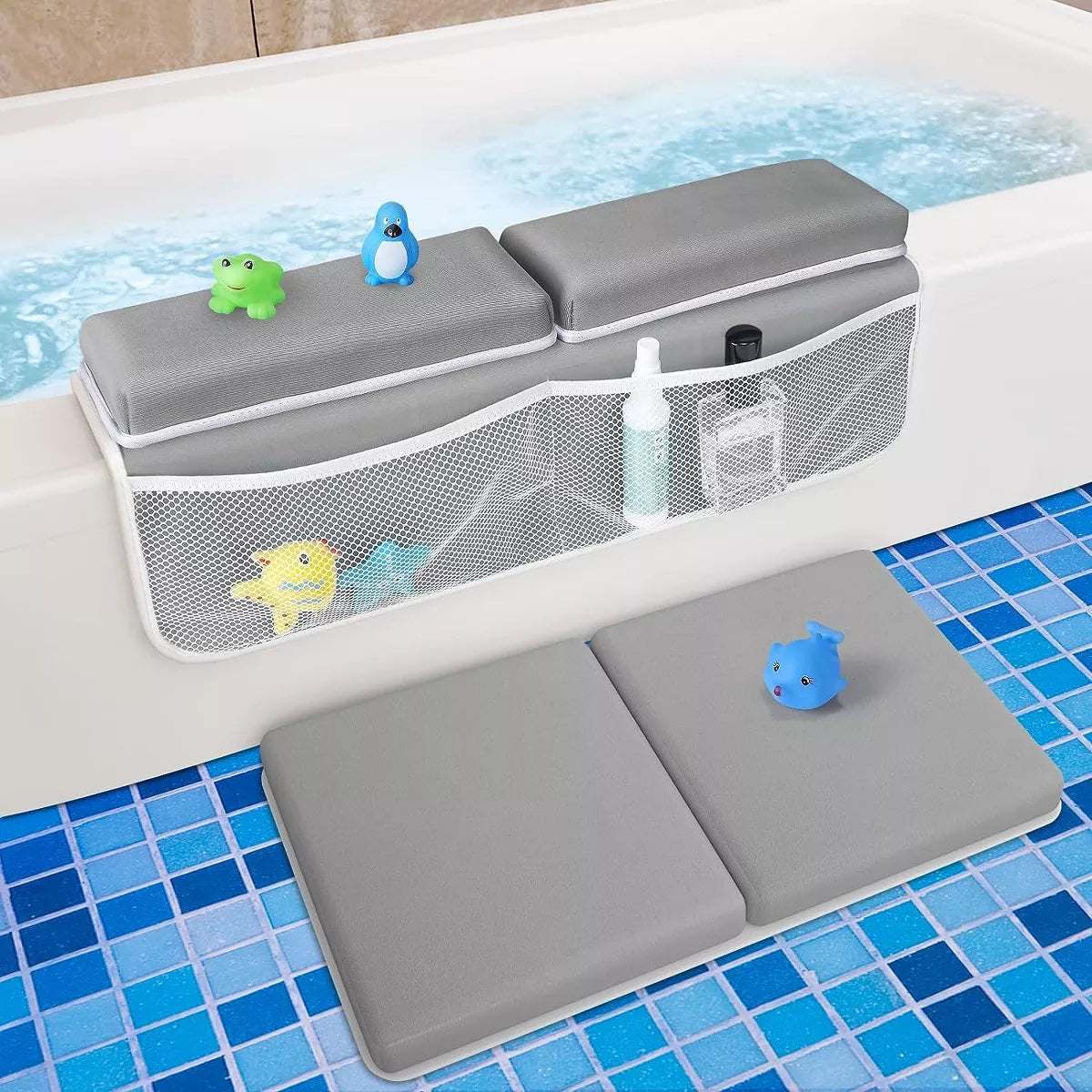 BabyBond Baby Bath Kneeler and Elbow Rest Pad Set- Nonslip Kneeling Pad Bath Mat with Memory Foam and Bath Toys Organizer