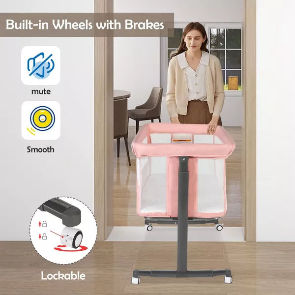 Kinder King Baby Folding Bassinet w/Wheels,Portable Newborn Bedside Sleeper All-Sided Mesh Infant Crib Removable Soft Mattress