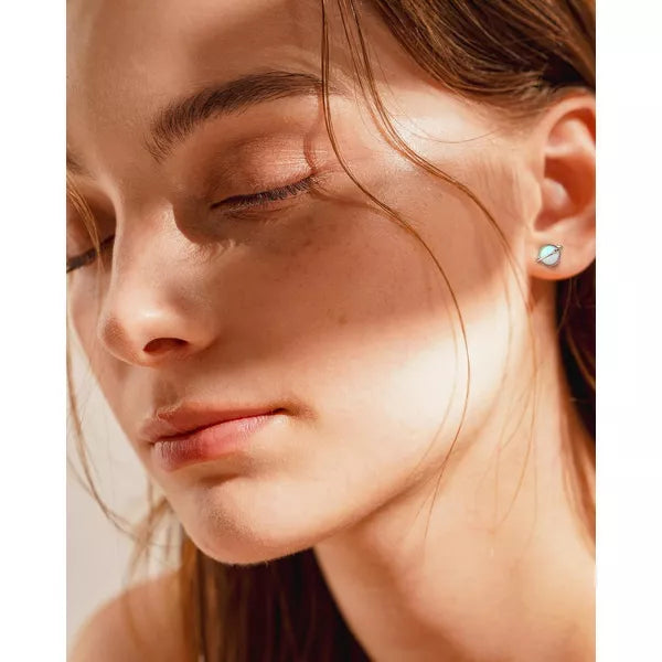 Molenia Tiny Opal Planet Earrings for Women, 925 Sterling Silver Post White Opal Stud Space Earrings Butterfly Back Jewelry Gifts for Her Women