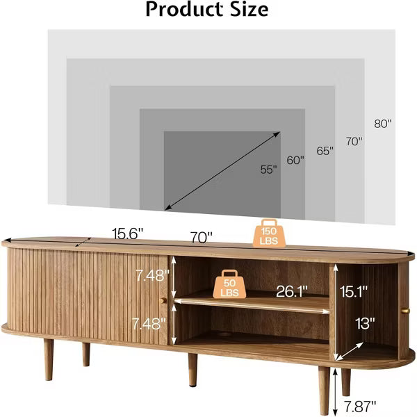 AMERLIFE 70" TV Stand with Solid Wood Legs, Mid Century Modern TV Console with Tambour Door