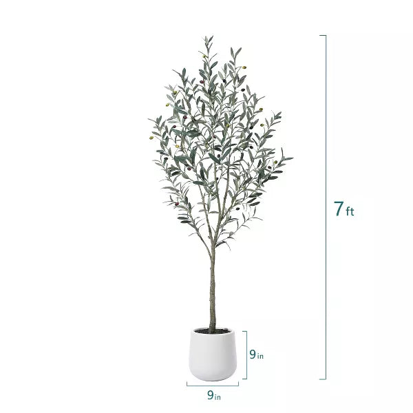 DR.Planzen 5-7FT Faux Olive Tree with Oval White Planter, Pre Potted Fake Greenry Olive Tree for Home Decor