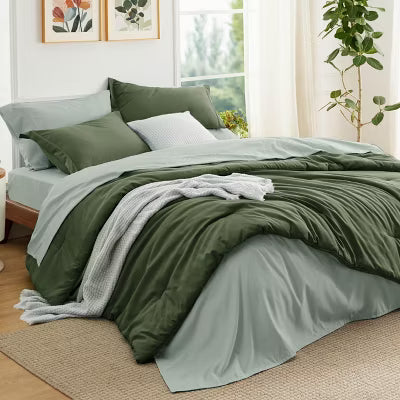 7 Pieces Boho Contrasting Design Bedding Comforter Set Full Size Olive Green