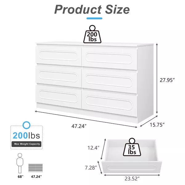 Resenkos 6 Drawer Wood Modern White Dresser for Bedroom Closet Storage
