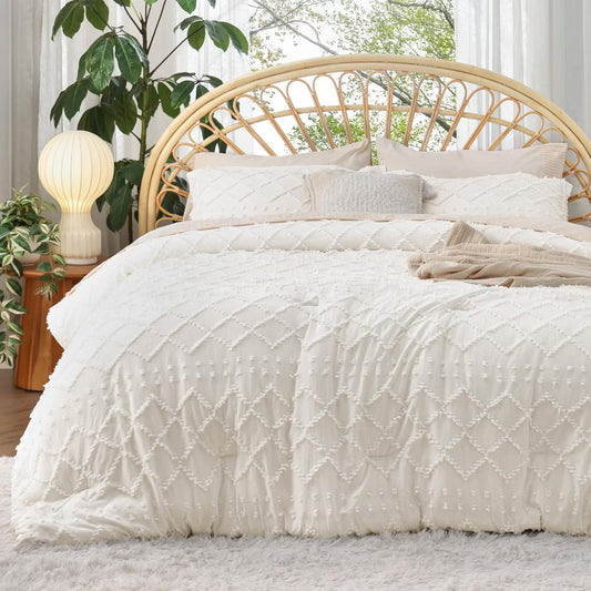 3Pcs Comforter Bedding Set with Intricate Solid Embroidery Boho Tufted Shabby Chic Bedding