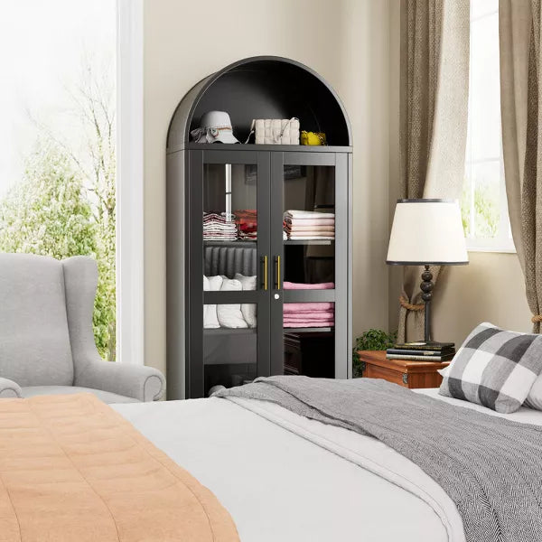 SUXXAN Metal Arched Cabinet with Glass Doors, Freestanding Display Cabinet with Adjustable Shelves, Assembly Required
