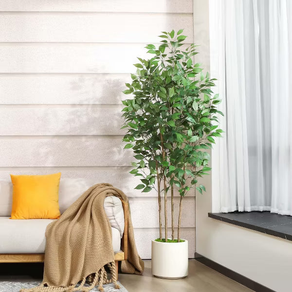 DR.Planzen 5-7FT Artificial Ficus Tree Adjustable Faux Tree with Real-Wood Branches & White Planter Indoor/Outdoor Perfect Home Decor for House Gift