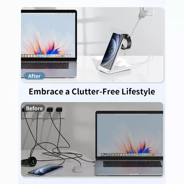 GreenEver Wireless Charging Station 3-in-1 Phone Charger Stand for Galaxy Watch7 Pro/4/3/Active2/1-S24-S23 Ultra/S22-S20/Note 20 White