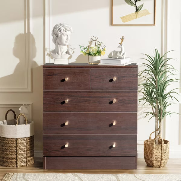 Resenkos 5 Drawer Dresser with Gold Handle, Nursery Dresser Chest Of Drawers Organizer,