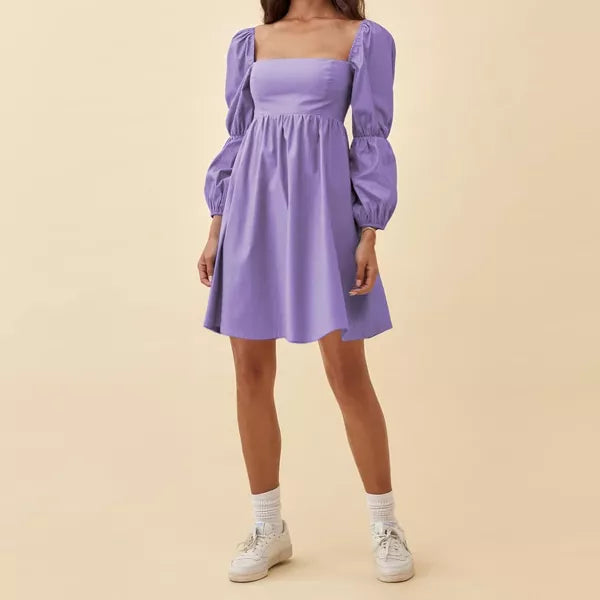 EXLURA Womens Square Neck Dress Long Puff Sleeve A-Line Casual Short Mini Dresses