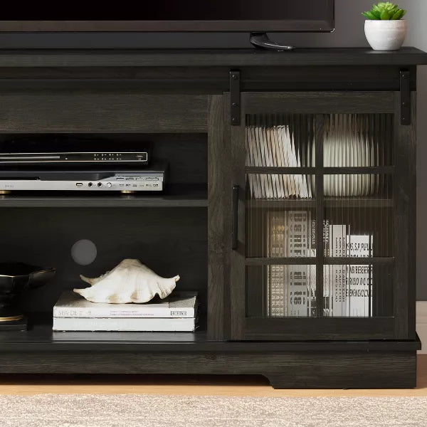Wooakway Multipurpose Sliding Door TV Stand Large Storage Cabinet with 2 Sliding Fluted Glass Tempered Doors