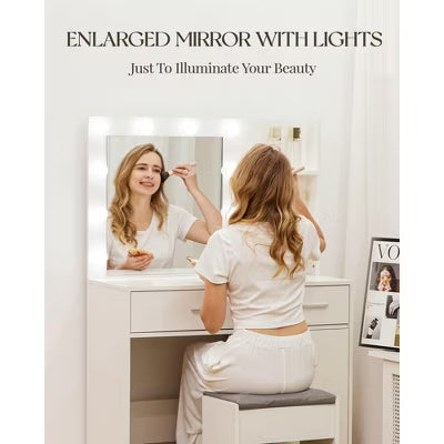 HYLEORY Vanity Desk with Mirror, Power Outlet and 10 Lights, Makeup Table with 3 Drawers,3 Color Modes Available for Bedroom