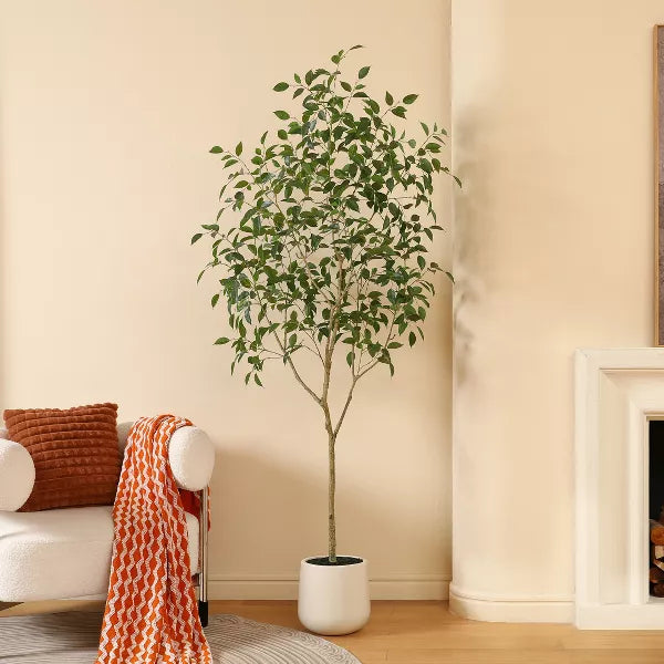 DR.Planzen 5-7FT Faux Ficus Tree with Oval White Planter, Pre Potted Faux Greenry Tree for Home Decor