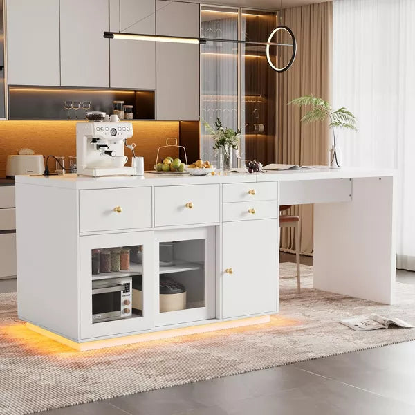 PAKASEPT 78.7" Kitchen Island with LED Light, Kitchen Cabinet with 4 Drawers, Open Shelves, Power Outlet for Dining Room