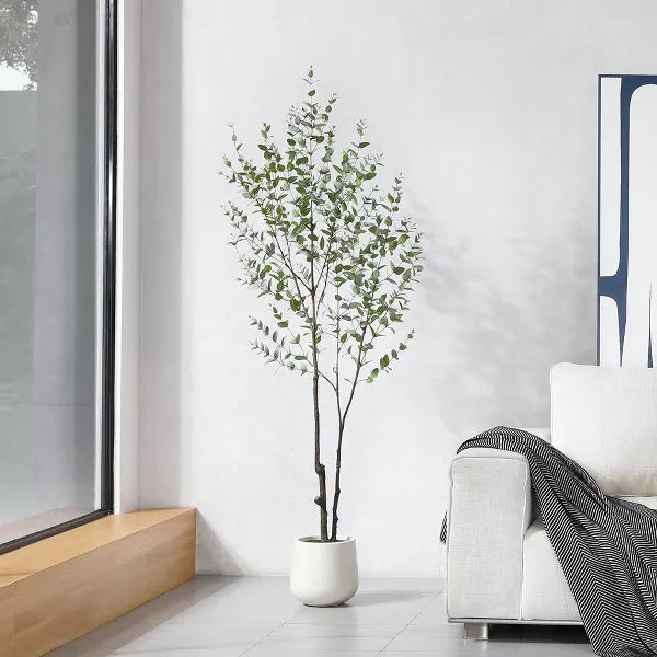 DR.Planzen 6FT Faux Eucalyptus Tree with Oval White Planter, Pre Potted Artificial Eucalyptus Plant for Home Decor
