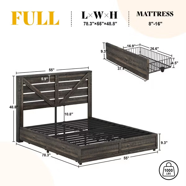 48.8" H Bed Frame with 4 Storage Drawers, Barn Door Headboard, Rustic Wood Grain, No Box Spring Needed