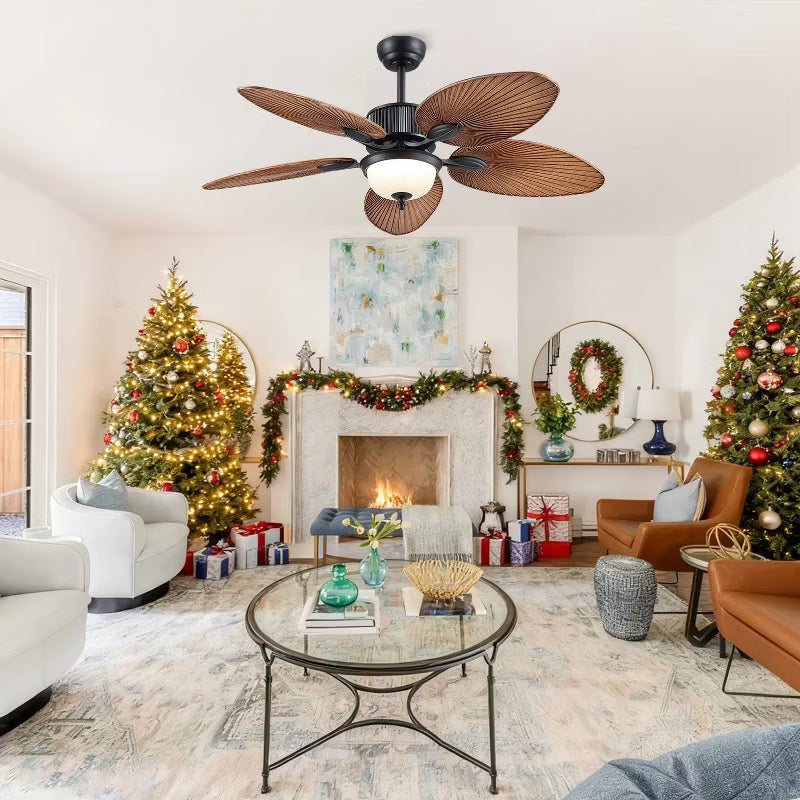 50 Inch Tropical Ceiling Fan with Light and Remote Glass Light Cover Palm Leaf Blades