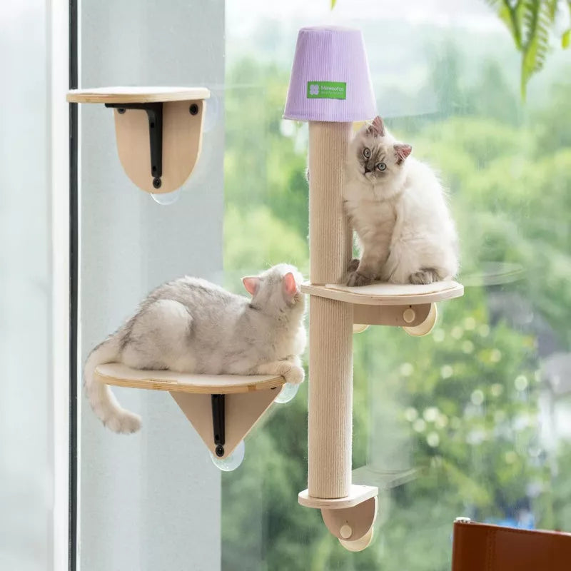 Mewoofun Pet Beds Cat Window Perch Hammock Bed with Scratching Post Climbing Steps, Wooden Cat Perch for Indoor Cats, White, 32.70"*14.10"*10.70"