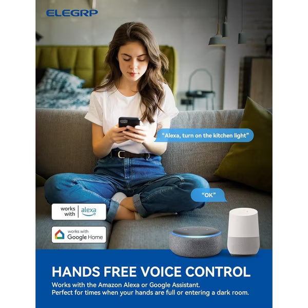 ELEGRP Smart Light Switch Single Pole, 2.4GHz Wi-Fi Light Switch Compatible w/Alexa & Google Assistant, White 1PC