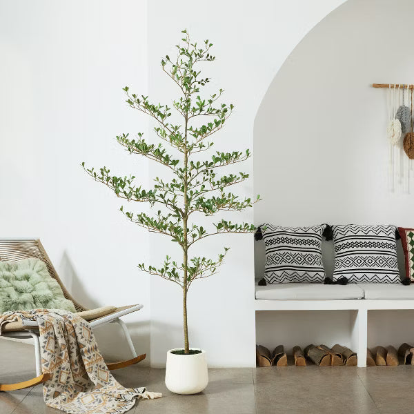 DR.Planzen 84" Artificial Olive Tree - 7FT UV Resistant Fake Plant with Black Fruits in 10.5" White Pot for Indoor/Outdoor Floor & House Decor