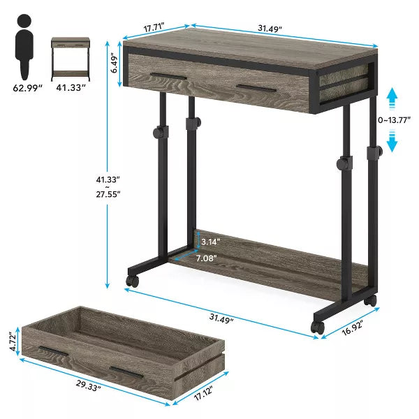 Resenkos Sofa Table, End Table, Side Table,Height Adjustable Desk, Mobile Side Table Portable Desk with Drawers,Gray