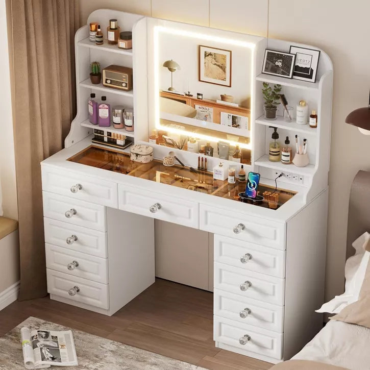 PAKASEPT 47"W Large Makeup Vanity Table with 11 Drawers, Glass Top Vanity Desk With Mirror and LED Lights, 7 Storage Shelves, Charging Station