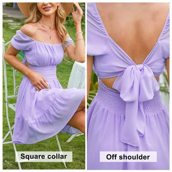 EXLURA Womens 2025 Summer Short Puff Sleeve Casual Short Mini Dresses Tie Back Square Neck A-Line Sundress