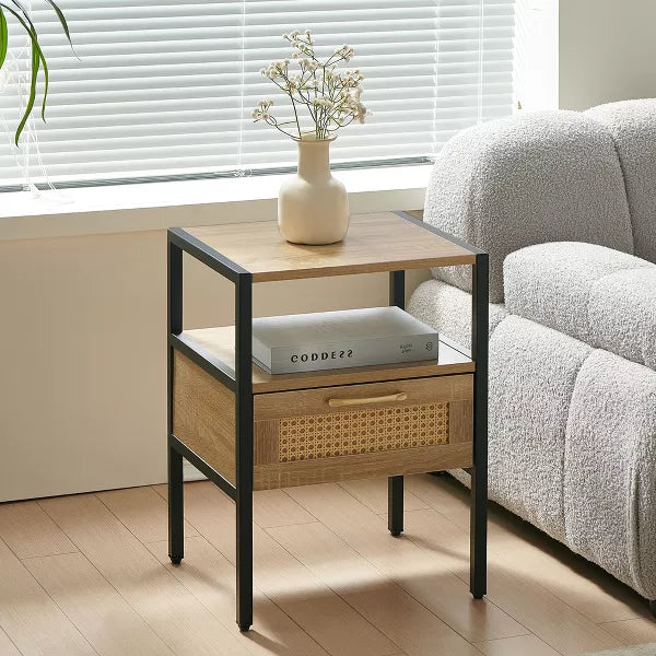Wooakway 15.75"L 21.26"H 13.78"D Rattan End Table Side Table Nightstand with Adjustable Feet for Living Room Bedroom