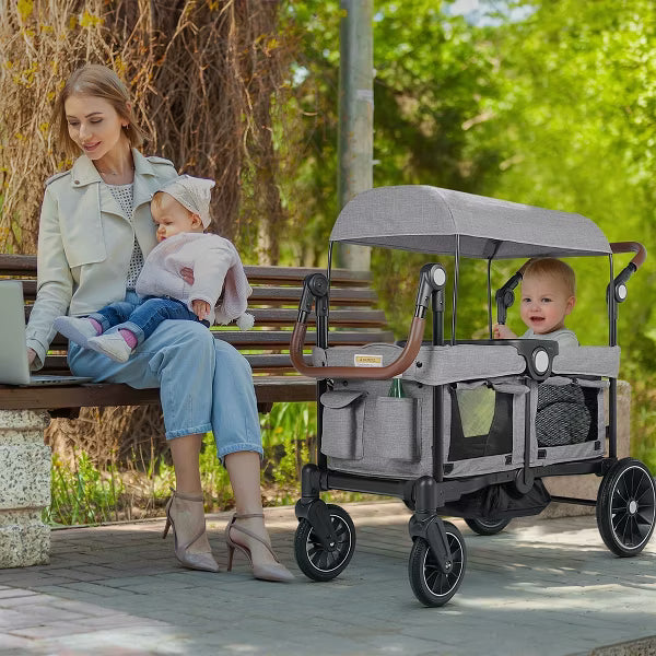 Folding Wagon Stroller for 2 Kids, Adjustable Handle, All-Terrain Shock-Absorbing Wheel, Detachable Tray, Diaper Bag