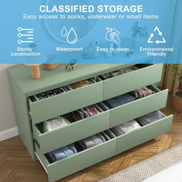 Resenkos Modern Mid Century 6 Drawer Wide Dressers Chests for Bedroom, Chest of Drawer Organizer