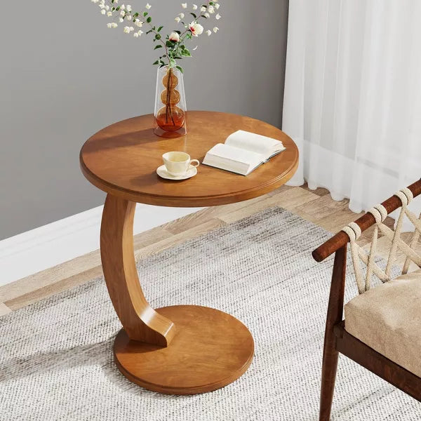 Tribesigns Round Side Table, Wooden C-Shaped End Table, Mid-Century Couch Side Table, Small Boho Side Table for Living Room, Bedroom