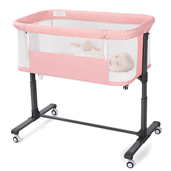 Kinder King Baby Bassinet 2 in 1 Bedside Sleeper,Folding Portable w/Storage Basket All-Sided Mesh 6 Adjustable Height Comfy Mattress
