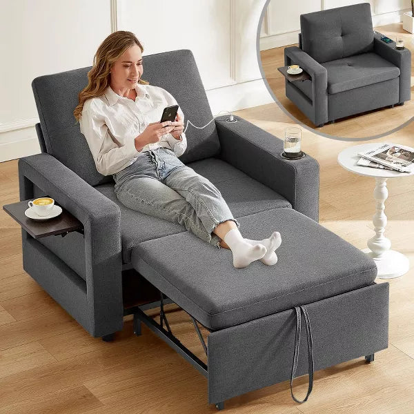 Vipbear 3-in-1 Sleeper Sofa Chair Bed, 42.5" W Convertible Sleeper Chair with Pull Out Bed, USB Charging Ports & Side Table, Cup Holder
