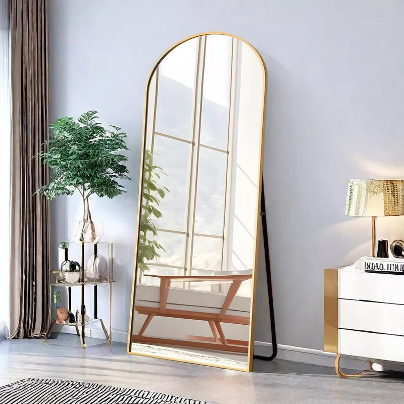 GlasFlength Full Length Mirrors Floor Standing Mirror, Wall Mirror with Stand Aluminum Alloy Thin Frame, Arched Gold 64"*13.7"*21"